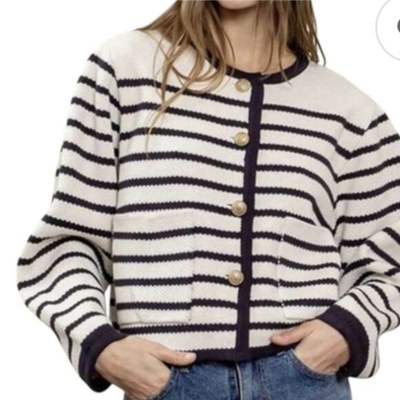 Anthropologie | Moon River Preppy Knit Gold Button Front Cropped Sweater - Picture 7 of 7